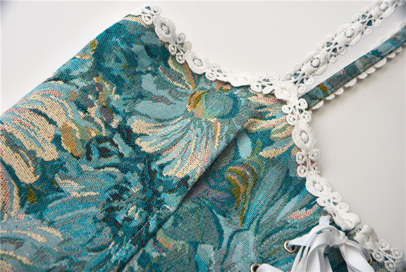 Womens Vintage Floral Print Renaissance Corset with Straps Victorian Bustier